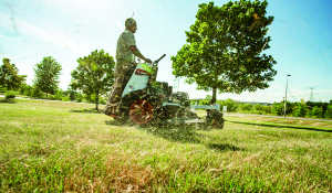 Bobcat zero-turn, standing mower cutting grass in a field with trees in the background